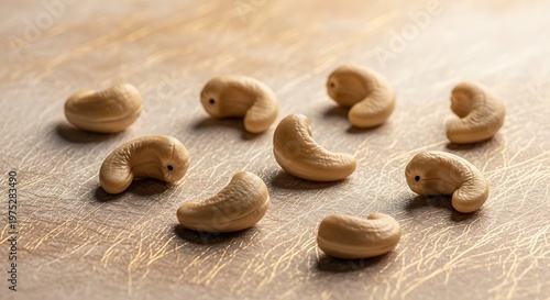 A close-up view of cashew nuts scattered on a wooden surface