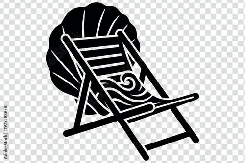 Silhouette illustration of a deck chair with a seashell and wave design on transparent background