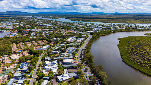 Aerial view of Noosa River bend with residential suburb Queensland Australia