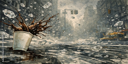 Burning trash can with charred branches in rainy urban street protest scene, dramatic smoke and fog atmosphere