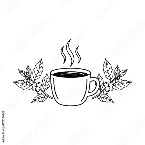 A hot cup of coffee with steam rising, surrounded by coffee plant branches with berries