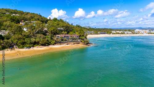 Aerial view of Noosa Main Beach with surfers and coastline Noosa Heads Queensland Australia