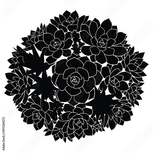 Black silhouette of succulent plants arranged in a circular shape.