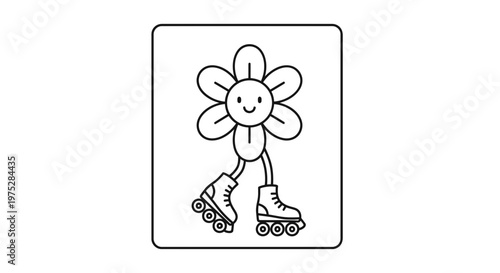 Cute Flower Character on Roller Skates, Retro Fun, Cartoon Style