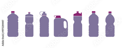 Set of water bottles with plastic packaging for fresh and pure drinking water. Aqua H2O concept for a healthy lifestyle. Flat cartoon vector collection isolated on white background, ideal for posters 