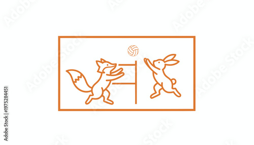 Cute Fox and Rabbit Playing Volleyball in a Cartoon Style