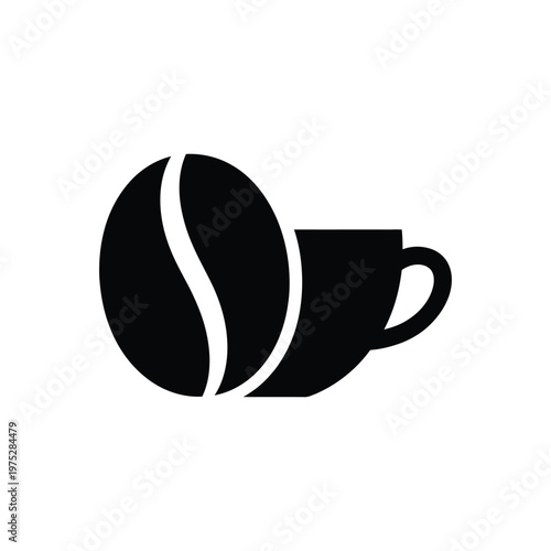 Black and white illustration of a coffee bean with a steaming coffee cup