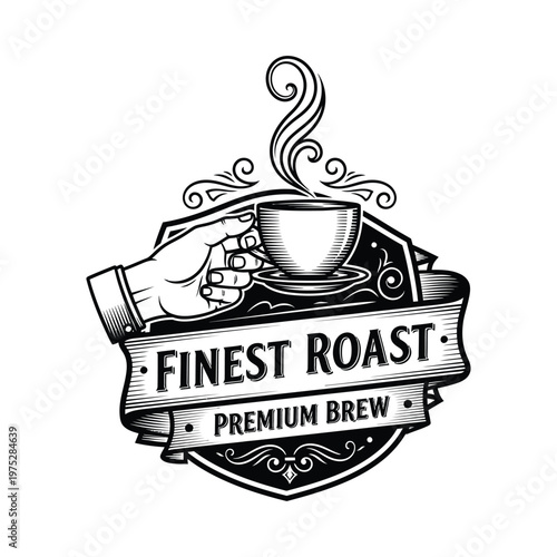 Finest Roast Premium Brew Logo Design - Hand Holding Coffee Cup Emblem