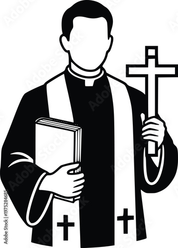 Catholic Priest with Bible and Cross Hand Drawn Vector Christian Clergy Illustration