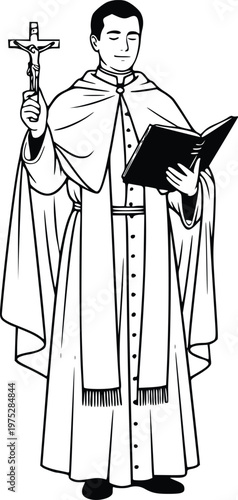 Catholic Priest Holding Crucifix and Bible Hand Drawn Vector Religious Illustration