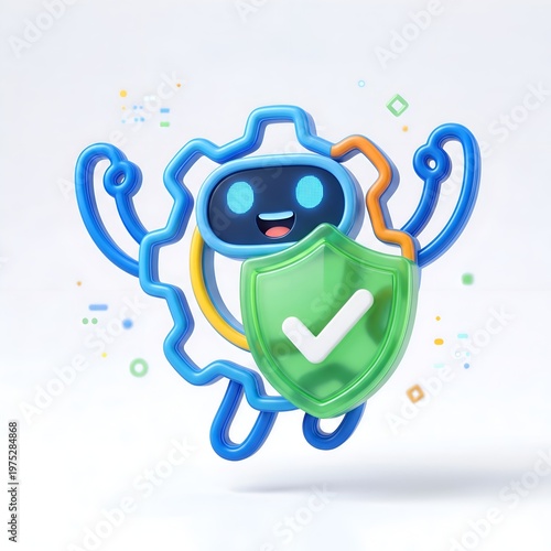Cute Robot Character with Shield and Checkmark Symbolizing Security.