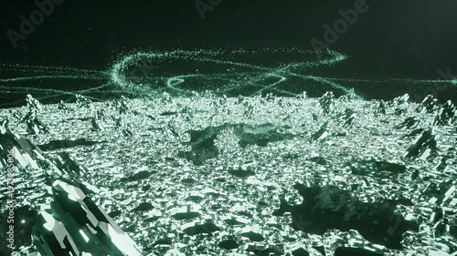 Glowing Green Particle Explosion Over Abstract Terrain.