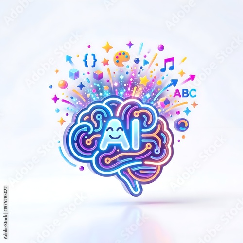 Colorful Digital Brain Illustration with Music and Symbols.