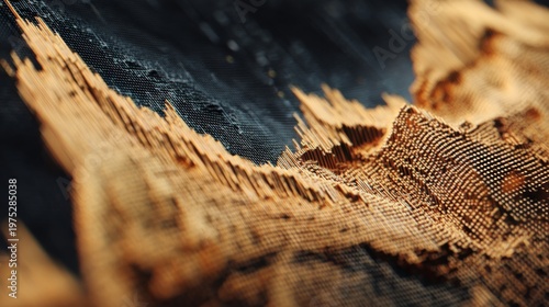 Abstract view of textured orange landscape with intricate detail, showcasing depth and dimension against a dark background in a visually captivating composition.