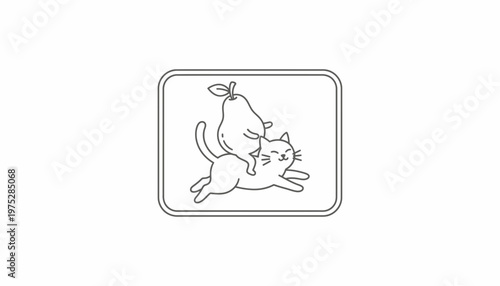 Cute Cat Riding a Pear, Whimsical Line Art Illustration