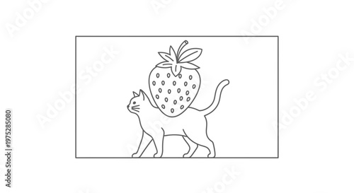 Cute Cat Silhouette with Strawberry on Back, Minimalist Line Art, Whimsical Animal Illustration