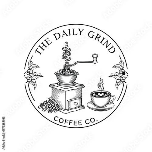 Stylized illustration celebrating the daily ritual of coffee, featuring an antique grinder, freshly roasted beans, and a steaming cup, embodying a comforting morning routine