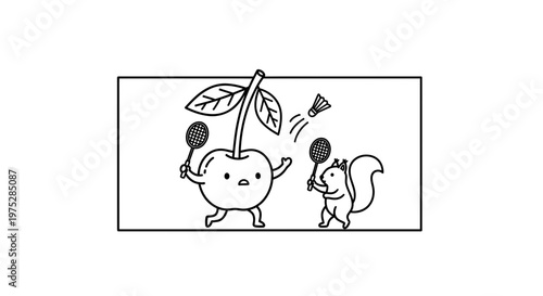Cute Cherry and Squirrel Playing Badminton in a Whimsical Cartoon Style