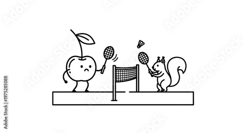 Cute Cherry and Squirrel Playing Badminton Together on White Background