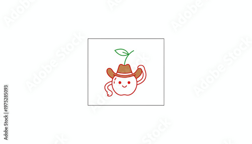 Cute Cherry Character Wearing a Cowboy Hat, Waving, Cartoon Style