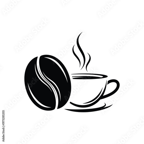 Stylized black and white vector illustration featuring a single coffee bean next to a hot, steaming cup of coffee, symbolizing freshness, aroma, and a perfect morning brew, ideal for beverage concepts