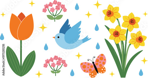 Cute spring garden vector illustration with bird flowers butterfly raindrops and stars colorful flat design for kids nursery decor