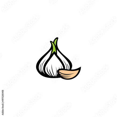 A stylized vector illustration of a garlic bulb and a single clove. The design features bold black outlines and subtle internal line work to define the segments of the garlic. A small green sprout eme