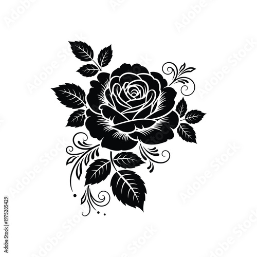 Elegant black and white rose illustration, intricately detailed with delicate petals and graceful foliage, symbolizing timeless beauty and natural sophistication