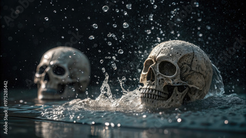 Stop motion with orange skulls on black concept. Skulls emerge from water, creating a haunting composition.