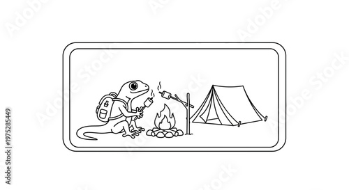 Cute cartoon lizard camping by campfire, roasting marshmallows, with tent