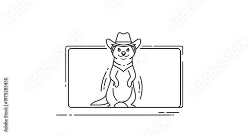 Cute Cartoon Meerkat Wearing Cowboy Hat and Bandana, Standing on Hind Legs