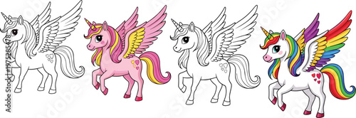 Unicorns with Wings Collection Featuring Colorful, Pink, White, and Rainbow Designs for Fantasy, Mythical Creatures, and Children's Art
