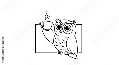 Cute Cartoon Owl Holding Coffee Cup, Black and White Line Art