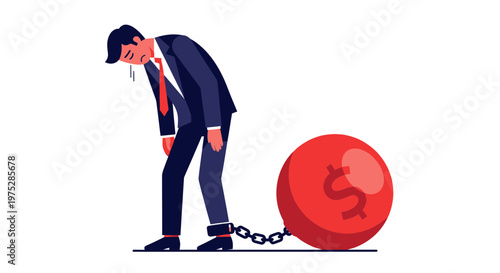 Businessman chained to a large red ball with a dollar sign, symbolizing debt and financial burden.