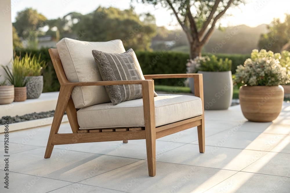 Fototapeta premium Modern wooden armchair with beige cushion on sunny patio, surrounded by greenery, showcasing minimalist outdoor lifestyle, comfort, relaxation, natural light, luxury furniture, and elegant design.
