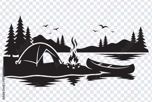 Camping scene with tent campfire and canoe by serene forest lake