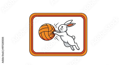 Cute cartoon bunny playing volleyball, jumping to hit the ball, dynamic action, funny animal illustration