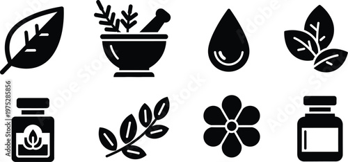 Herbal medicine icon vector set natural remedies botanical elements and pharmacy symbols for health wellness