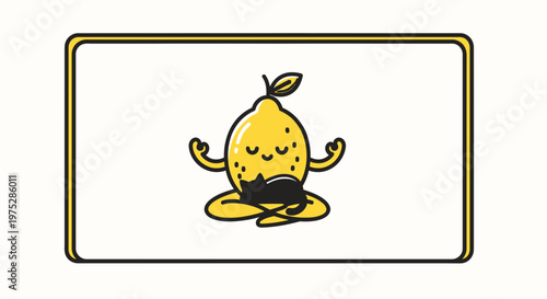 Cute cartoon lemon meditating with a black cat on its lap, zen concept