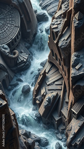 Dramatic Waterfall Surrounded by Ancient Ruins.