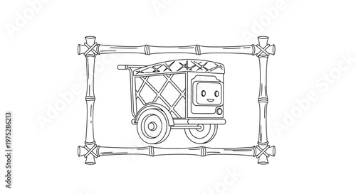 Cute cartoon delivery cart with happy face inside bamboo frame, line art
