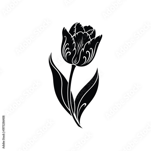 Ornate Black Silhouette Tulip Flower Illustration with Intricate Decorative Details, Perfect for Elegant Design Projects and Botanical Art Concepts