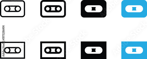 Set of cassette tape icons in different styles, including outline, solid, and flat design, representing retro music and vintage audio media technology