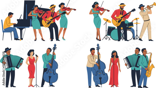 Vector Illustration of Diverse Musicians Playing Piano, Guitar, Drums, Accordion, and Saxophone in a Jazz Band Performance