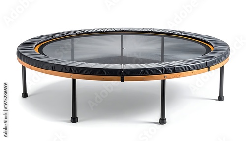 A round fitness trampoline with a black jumping surface and protective padding, elevated by sturdy legs against a white background