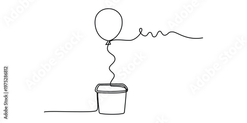 Continuous one line drawing featuring a simple balloon tethered to a small open square basket