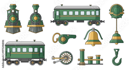 Vintage Train Set: Locomotives, Carriages, Whistle, Bell, Hook