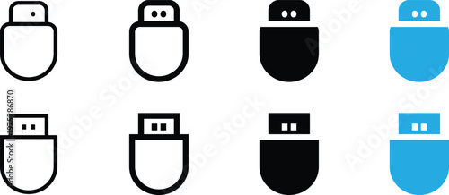 Set of usb flash drive icons in various styles, including outline, solid, and colored versions