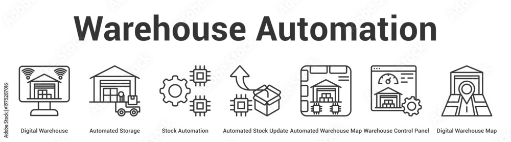 Fototapeta premium Warehouse Automation web banner icon set vector illustration concept for business with icon of Digital Warehouse, Automated Storage, Stock Automation, Automated Stock Update, Automated Warehouse M.