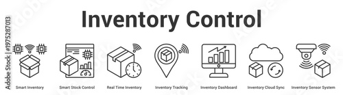 Inventory Control web banner icon set vector illustration concept for business with icon of Smart Inventory, Smart Stock Control, Real Time Inventory, Inventory Tracking, Inventory Dashboard, Invent.